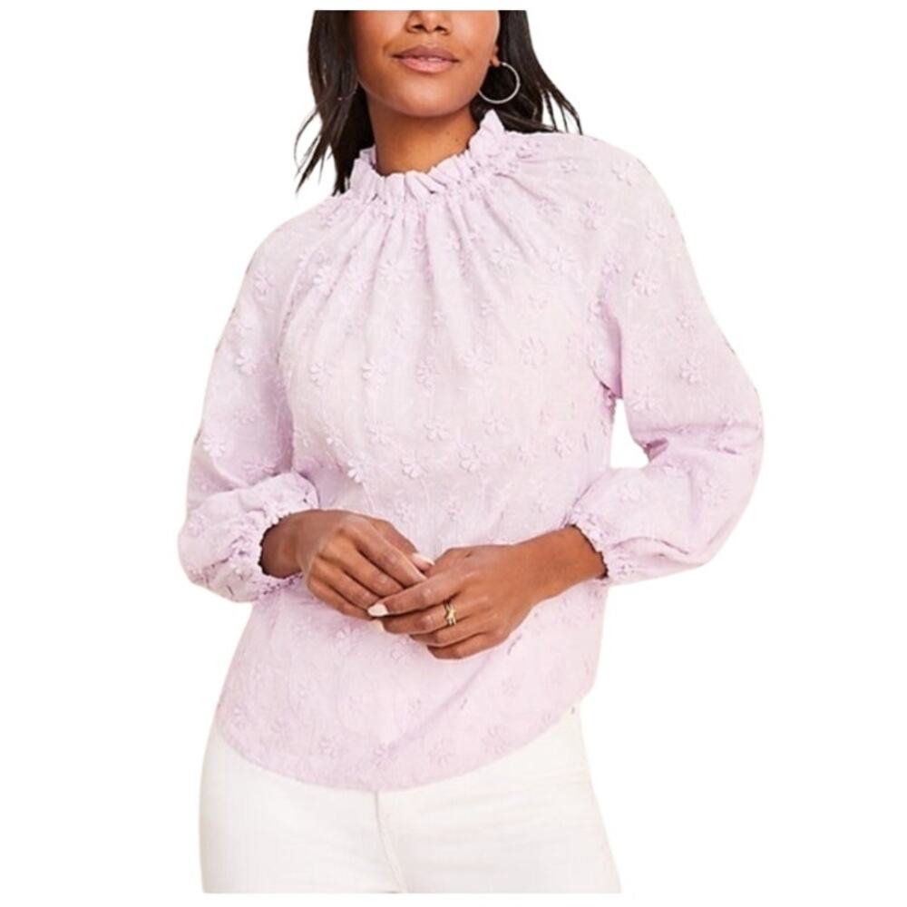 Ann Taylor Ruffle Neck Applique Peasant Blouse Womens Large Lavender Puff Sleeve